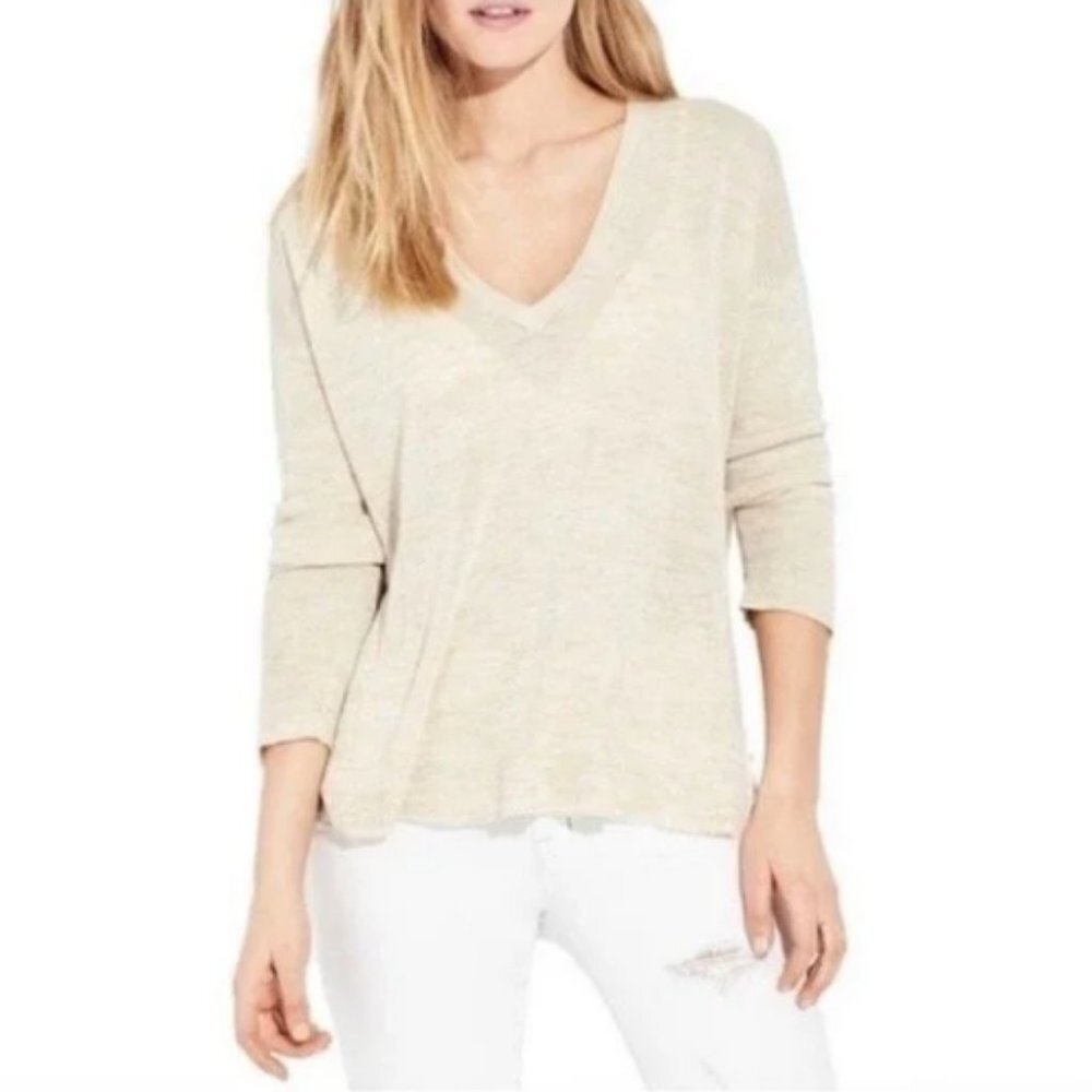 AYR Lightweight Flax Beige V-Neck Knit Pullover Sweater Top Size XS Long Sleeves